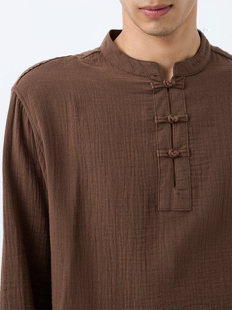 ETA Dark Brown Crinkle-Textured Relaxed-Fit Cotton Frog Fastenings Shirt