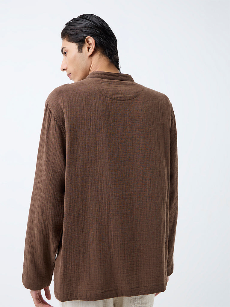ETA Dark Brown Crinkle-Textured Relaxed-Fit Cotton Frog Fastenings Shirt