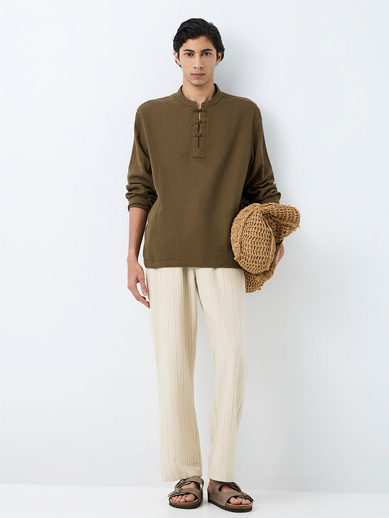ETA Dark Olive Crinkle-Textured Relaxed-Fit Cotton Frog Fastenings Shirt