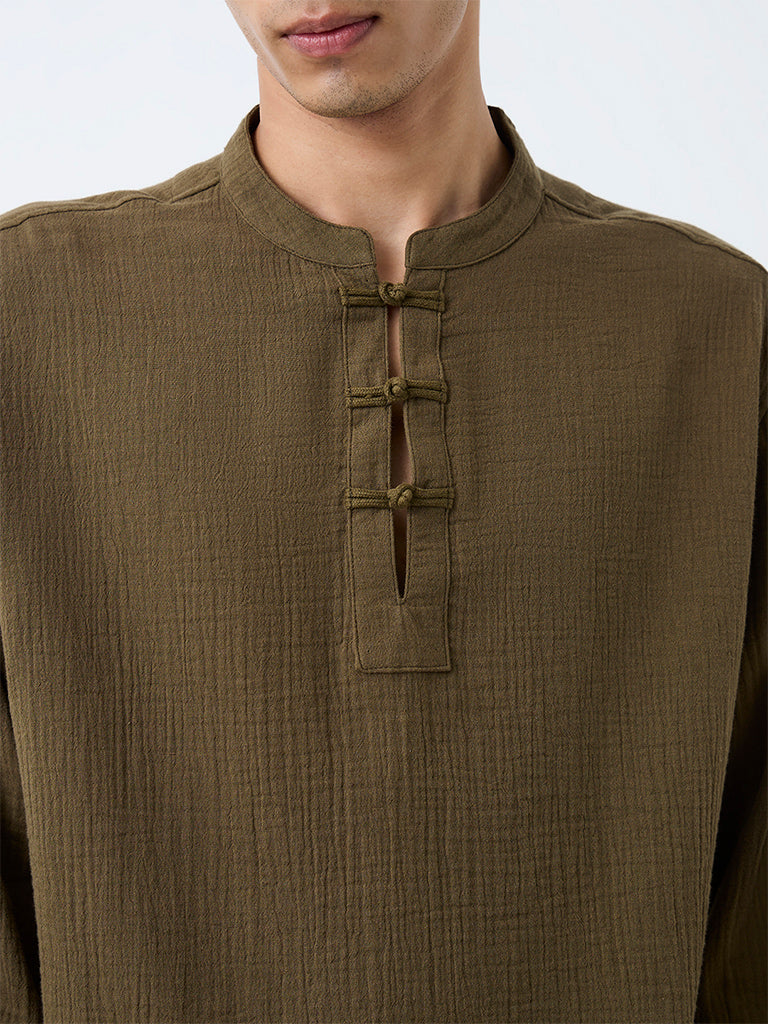 ETA Dark Olive Crinkle-Textured Relaxed-Fit Cotton Frog Fastenings Shirt