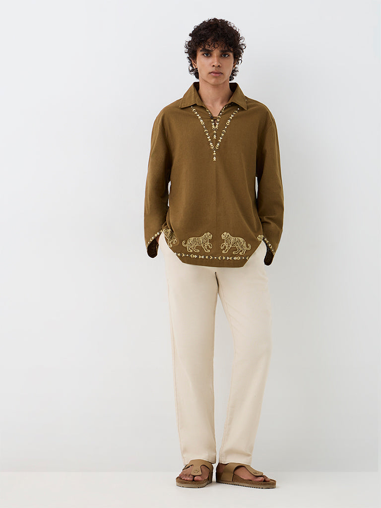 ETA Brown Animal Embroidered Relaxed-Fit Cotton-Blend Shirt