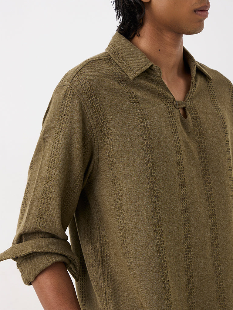 ETA Olive Waffle-Striped Relaxed-Fit Cotton-Blend Shirt