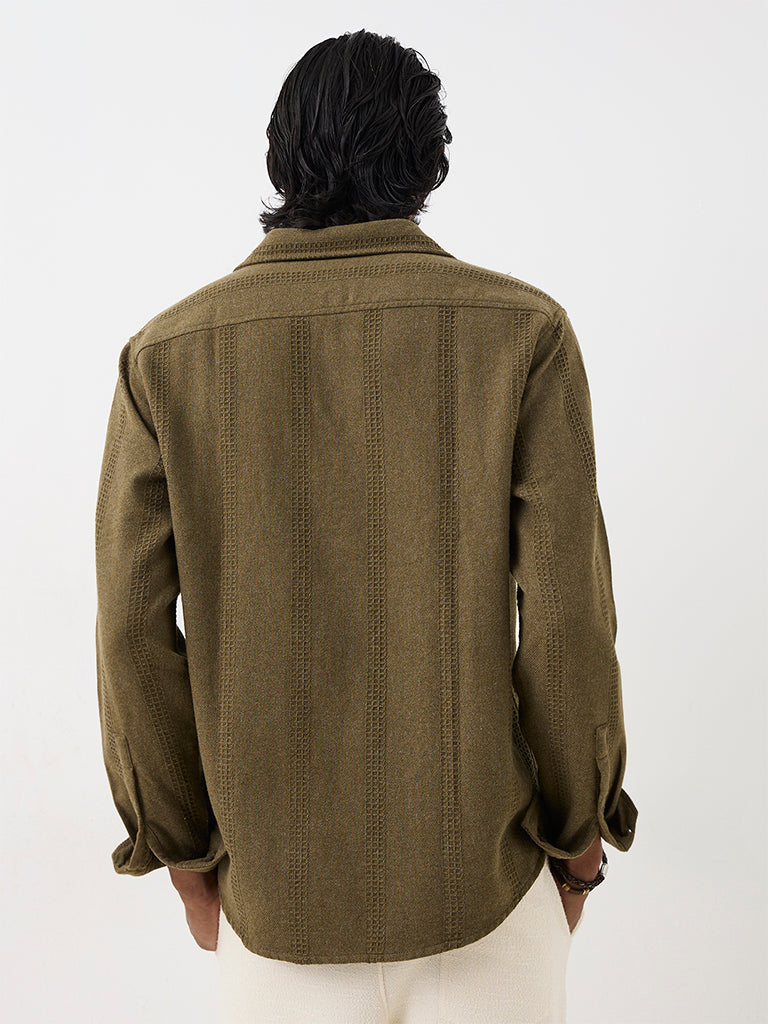 ETA Olive Waffle-Striped Relaxed-Fit Cotton-Blend Shirt