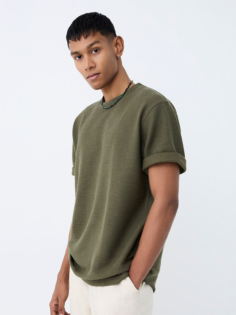 ETA Dark Olive Textured Relaxed-Fit Cotton-Blend T-Shirt