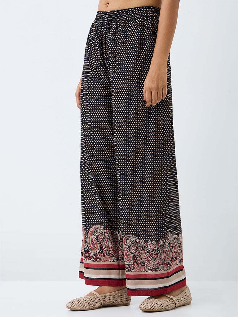 Bombay Paisley Black Printed Mid-Rise Cotton Pants