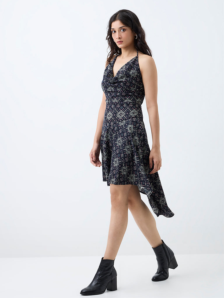 Bombay Paisley Black Geometric Printed Asymmetrical Dress