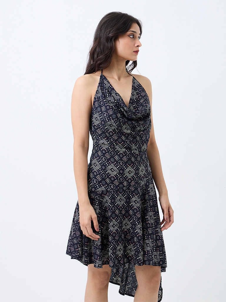 Bombay Paisley Black Geometric Printed Asymmetrical Dress