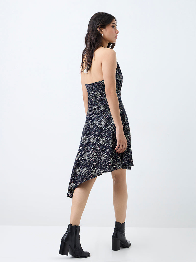 Bombay Paisley Black Geometric Printed Asymmetrical Dress