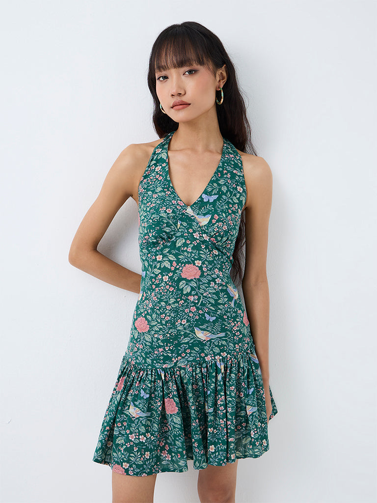 Bombay Paisley Teal Floral Printed Cotton-Blend  A-Line Mini Dress