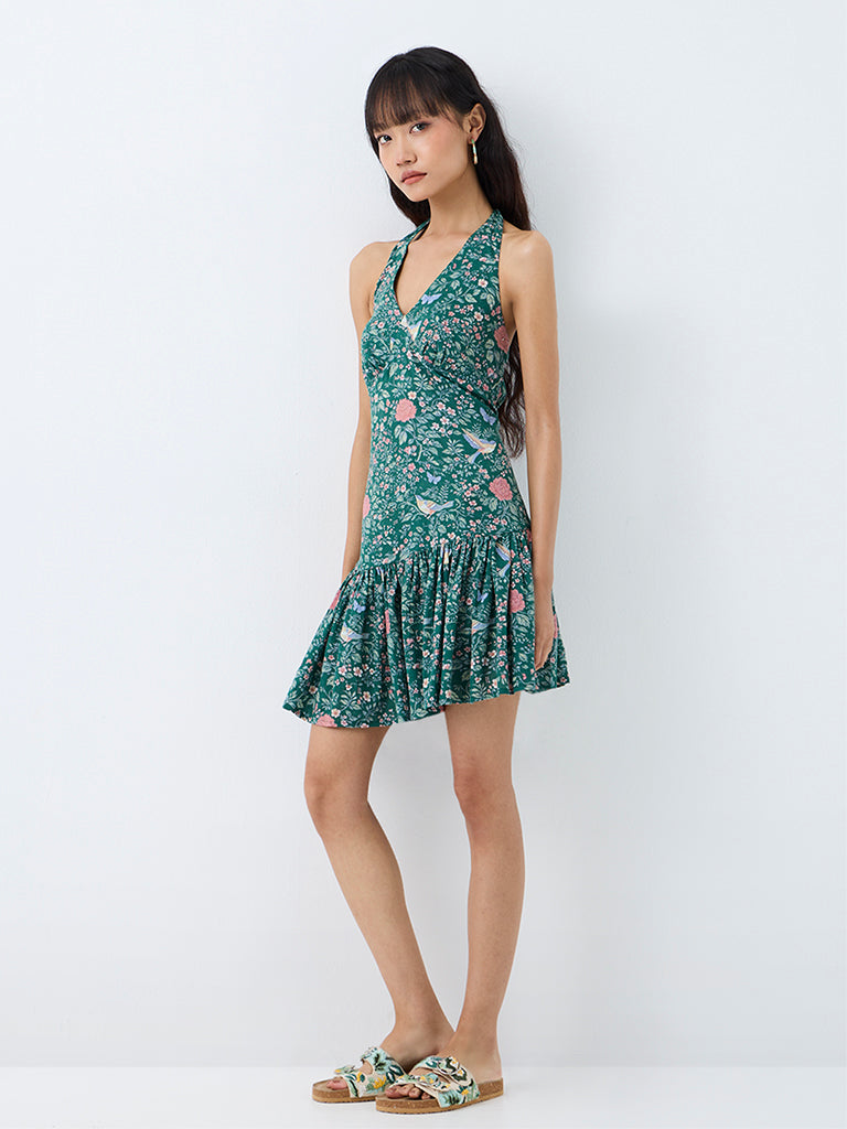 Bombay Paisley Teal Floral Printed Cotton-Blend  A-Line Mini Dress