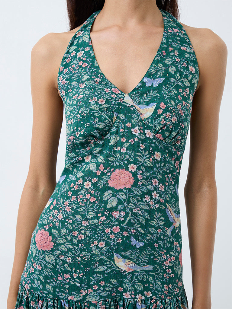 Bombay Paisley Teal Floral Printed Cotton-Blend  A-Line Mini Dress