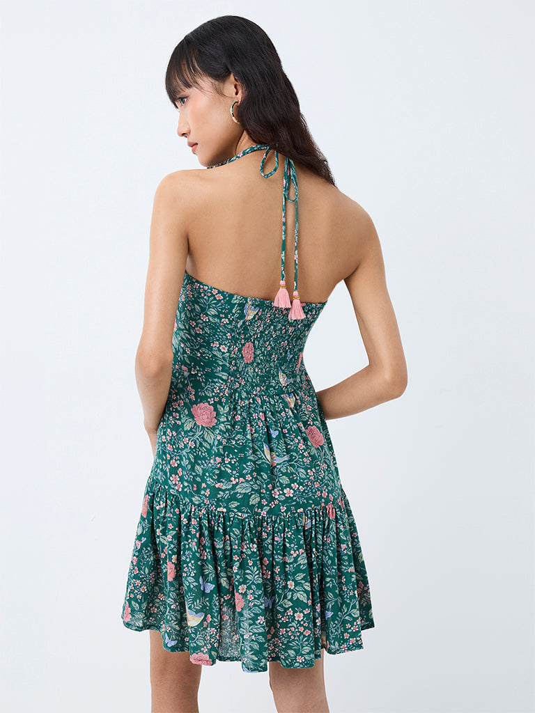 Bombay Paisley Teal Floral Printed Cotton-Blend  A-Line Mini Dress