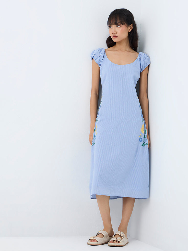 Bombay Paisley Light Blue Striped A-Line Cotton Dress