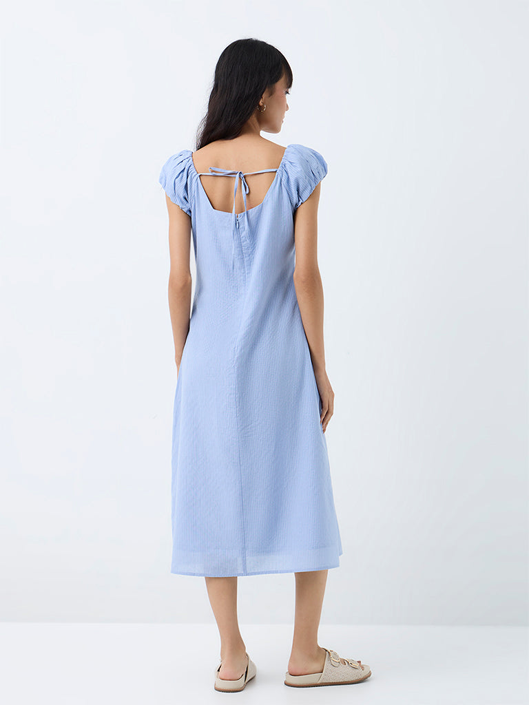 Bombay Paisley Light Blue Striped A-Line Cotton Dress