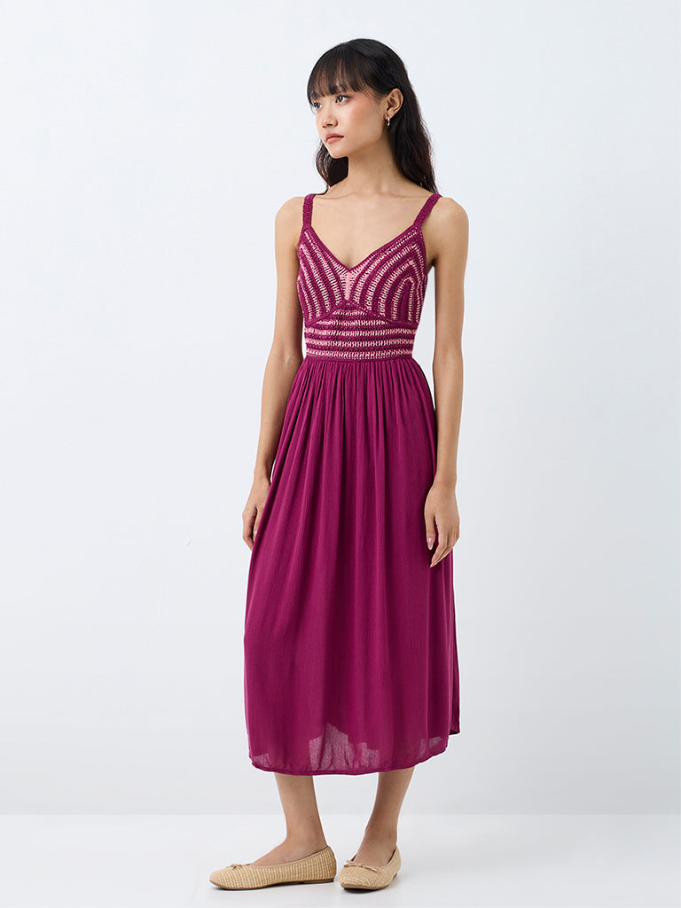 Bombay Paisley Magenta Crochet Embroidered Cotton-Blend A-Line Midi Dress
