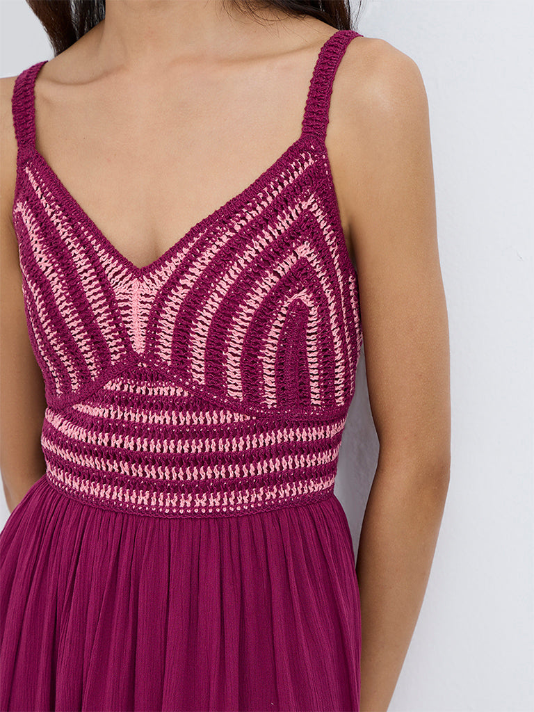 Bombay Paisley Magenta Crochet Embroidered Cotton-Blend A-Line Midi Dress