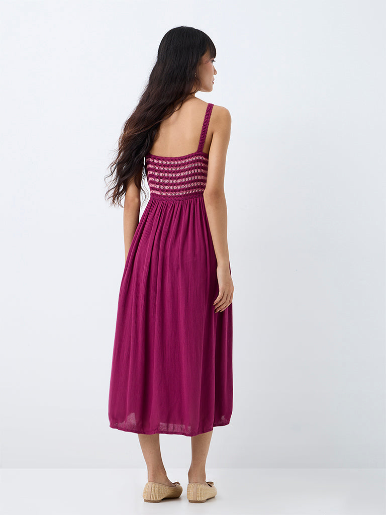 Bombay Paisley Magenta Crochet Embroidered Cotton-Blend A-Line Midi Dress