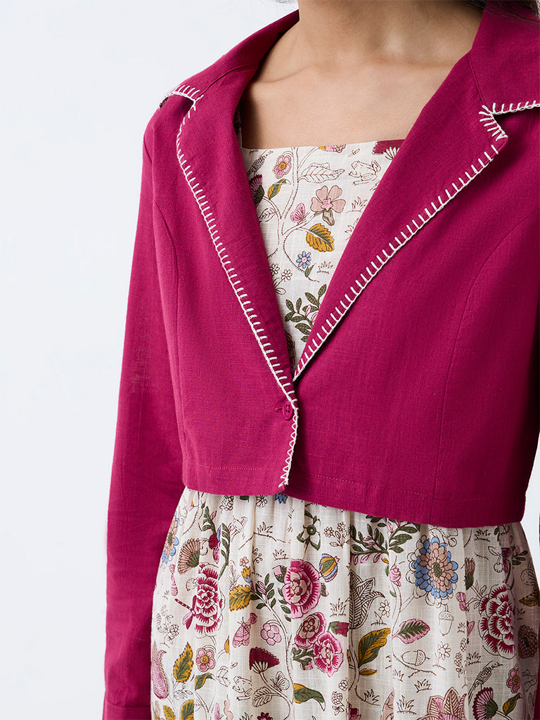 Bombay Paisley Off-White Floral Printed Cotton Tiered Dress with Jacket