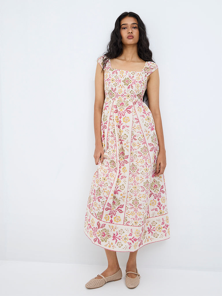 Bombay Paisley Off-White Floral Printed Cotton A-Line Dress