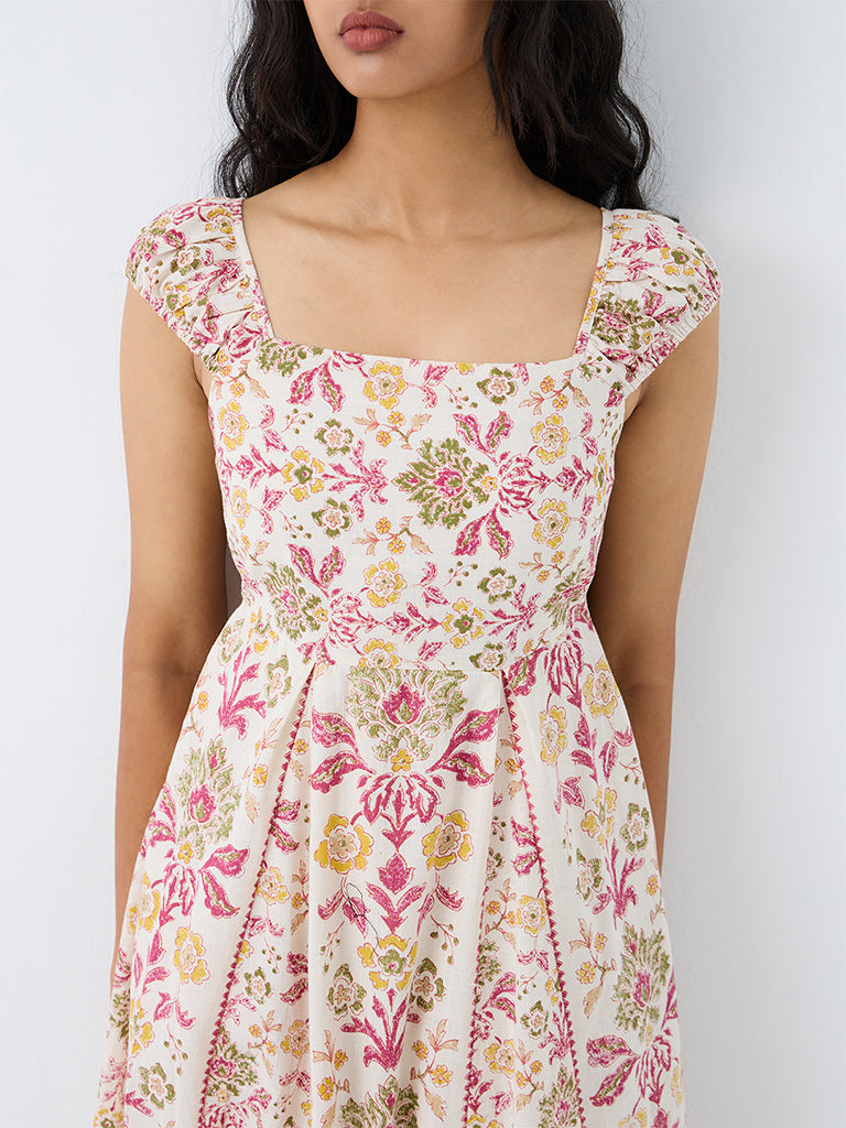 Bombay Paisley Off-White Floral Printed Cotton A-Line Dress