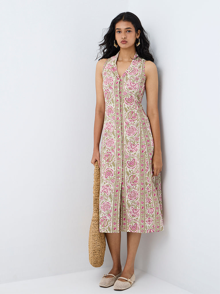 Bombay Paisley Pink Floral Printed Cotton Midi Shirt Dress
