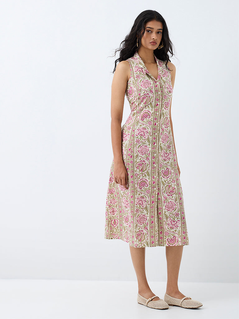 Bombay Paisley Pink Floral Printed Cotton Midi Shirt Dress