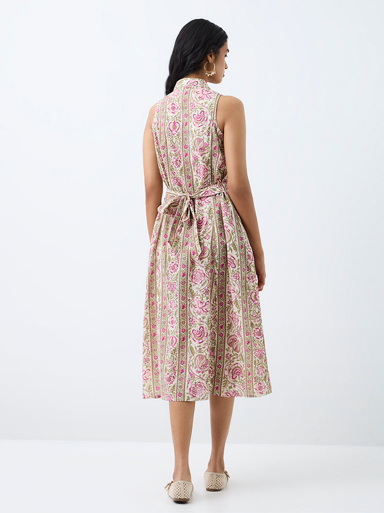 Bombay Paisley Pink Floral Printed Cotton Midi Shirt Dress