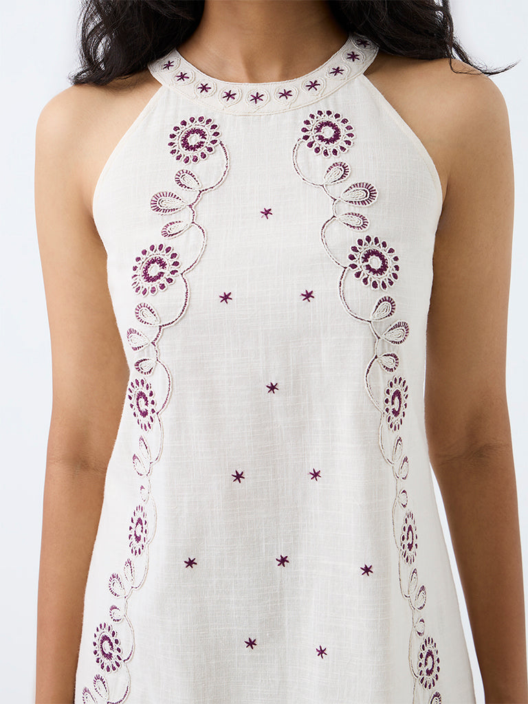 Bombay Paisley White Floral Embroidered Cotton Shift Dress