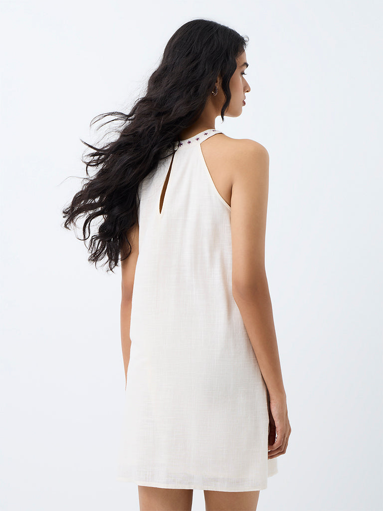 Bombay Paisley White Floral Embroidered Cotton Shift Dress