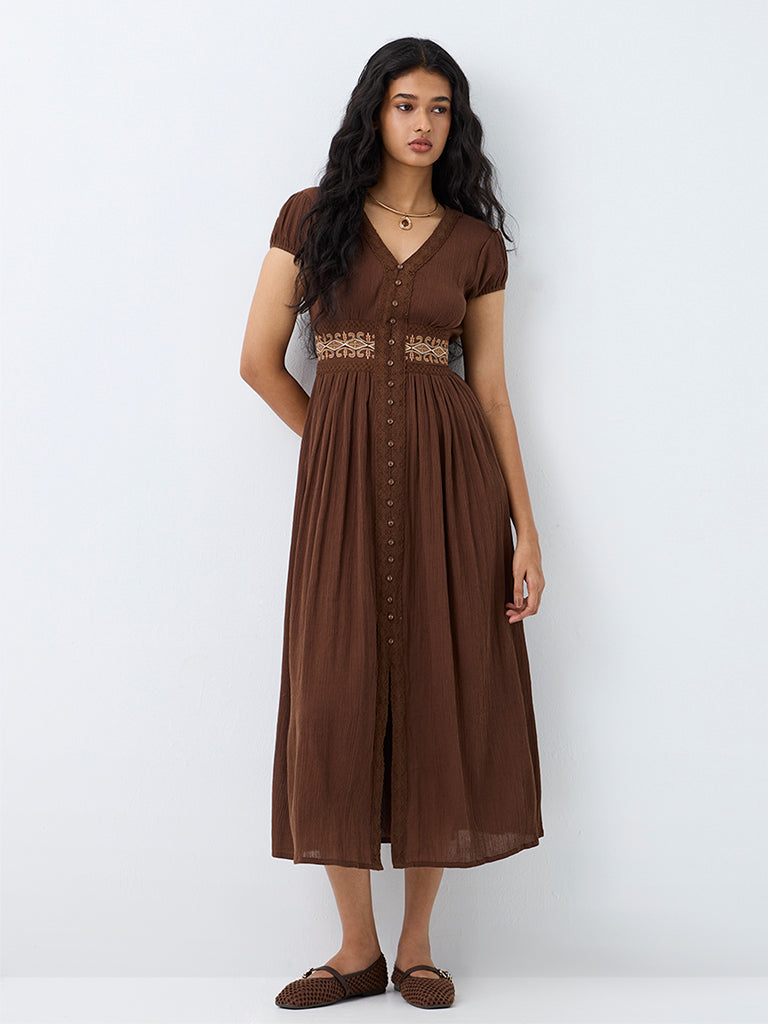Bombay Paisley Brown Textured Cotton A-Line Dress