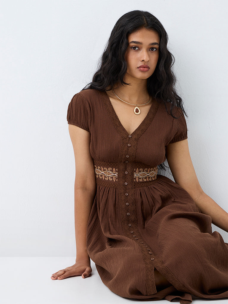 Bombay Paisley Brown Textured Cotton A-Line Dress