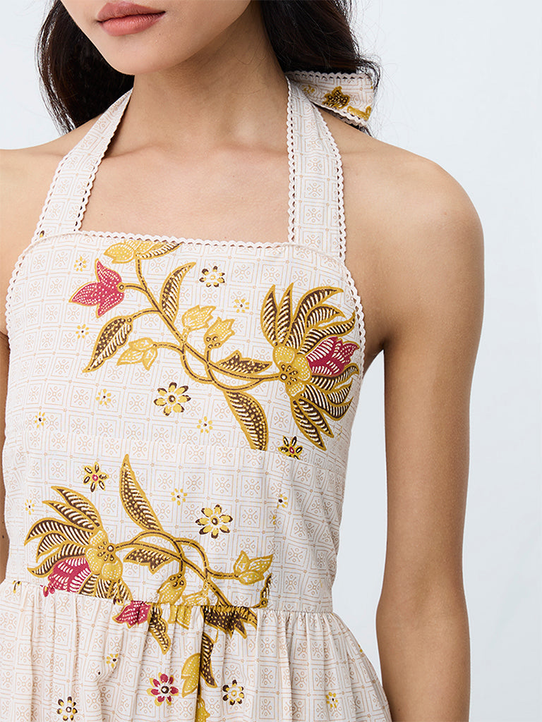 Bombay Paisley Off-White Floral Printed Cotton Fit-and-Flare Midi Dress