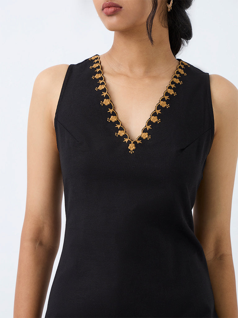Bombay Paisley Black Floral Embroidered Cotton Mini Straight Dress