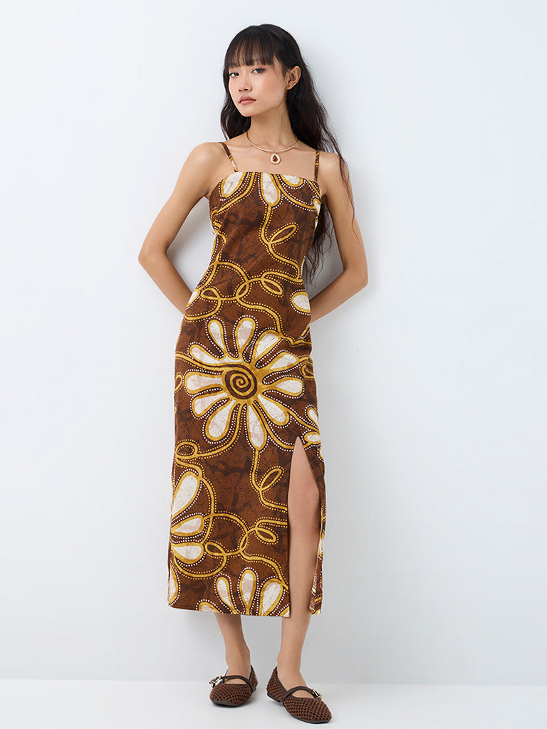 Bombay Paisley Brown Floral Printed Cotton Midi Straight Dress