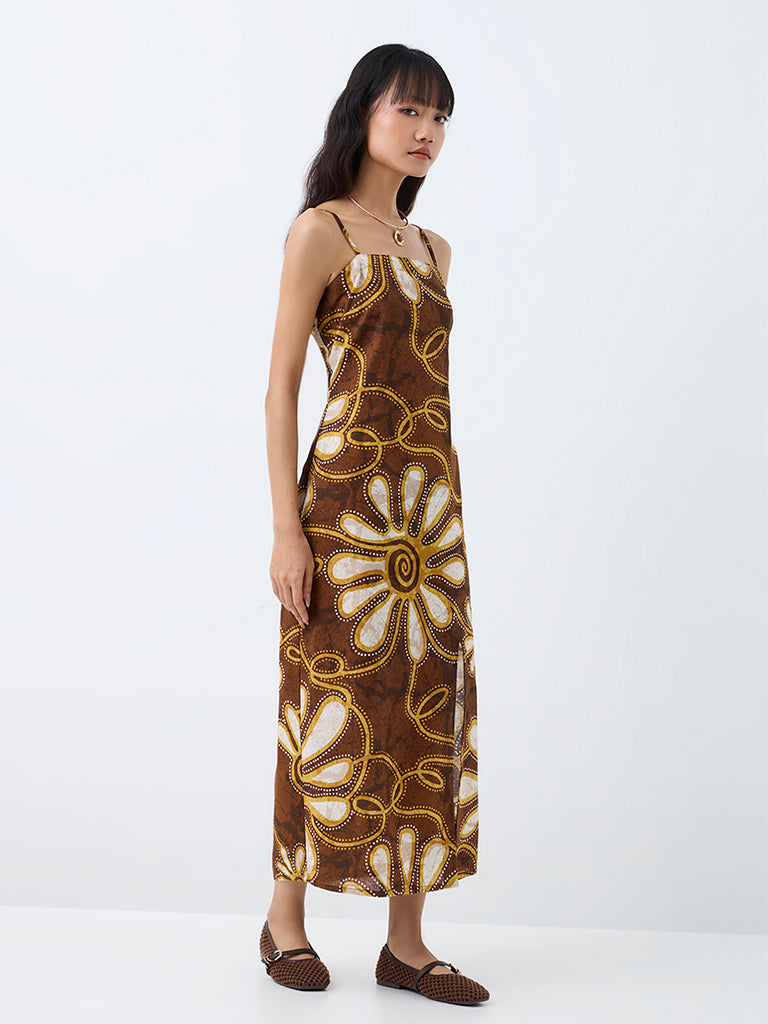 Bombay Paisley Brown Floral Printed Cotton Midi Straight Dress