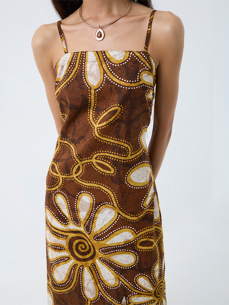 Bombay Paisley Brown Floral Printed Cotton Midi Straight Dress