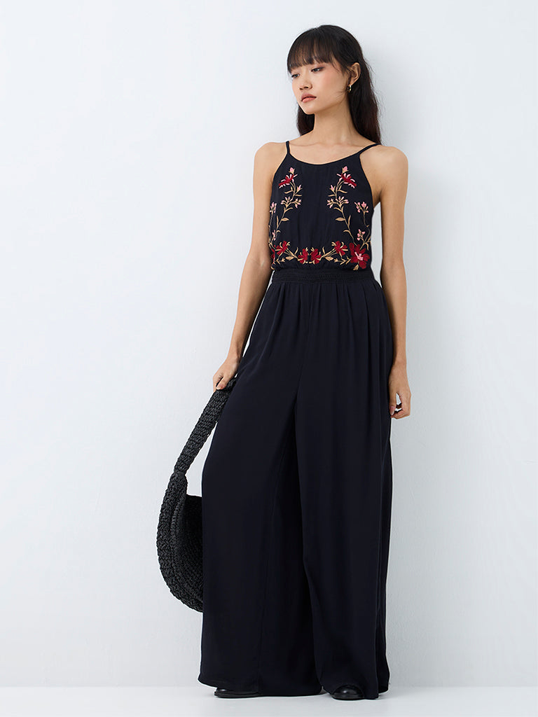Bombay Paisley Black Floral Embroidered Jumpsuit