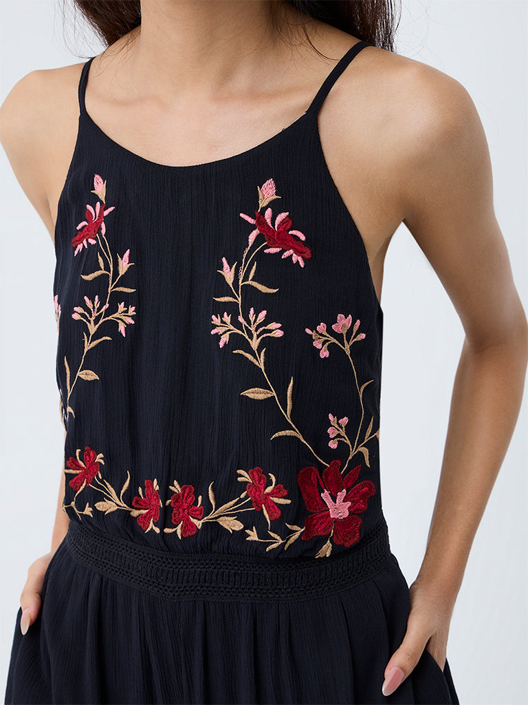Bombay Paisley Black Floral Embroidered Jumpsuit