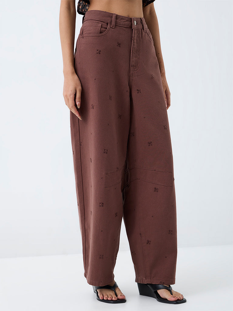 Bombay Paisley Brown Embroidered Barrel-Fit High-Rise Jeans