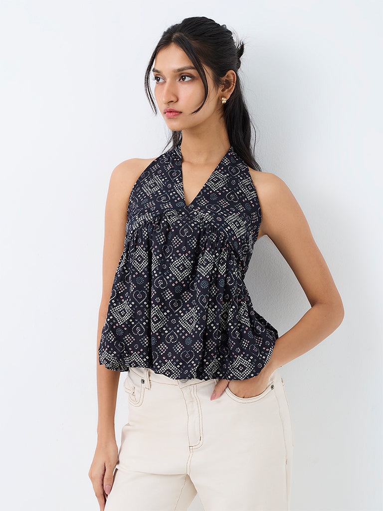 Bombay Paisley Black Printed Halter-Neck Cotton Top