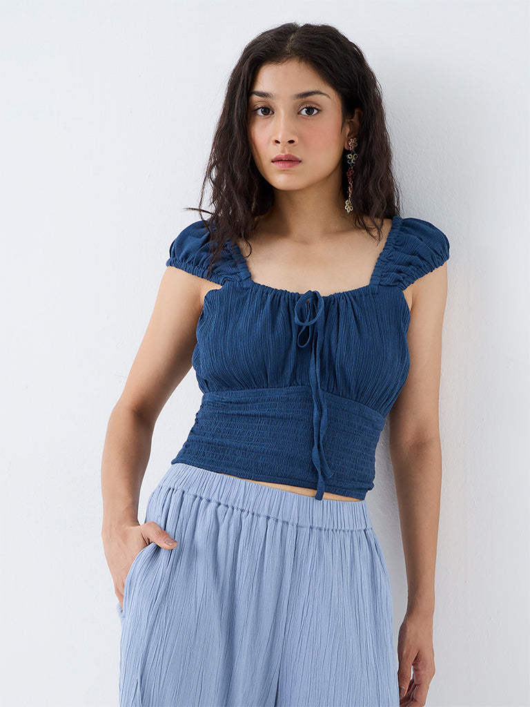Bombay Paisley Indigo Tie-Up Detail Smocked Cotton Top