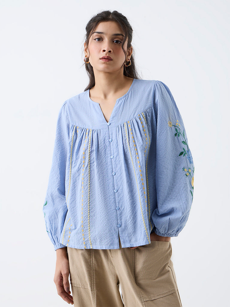 Bombay Paisley Light Blue Floral Embroidered Cotton Blouse