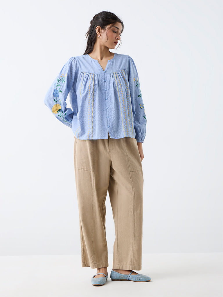 Bombay Paisley Light Blue Floral Embroidered Cotton Blouse