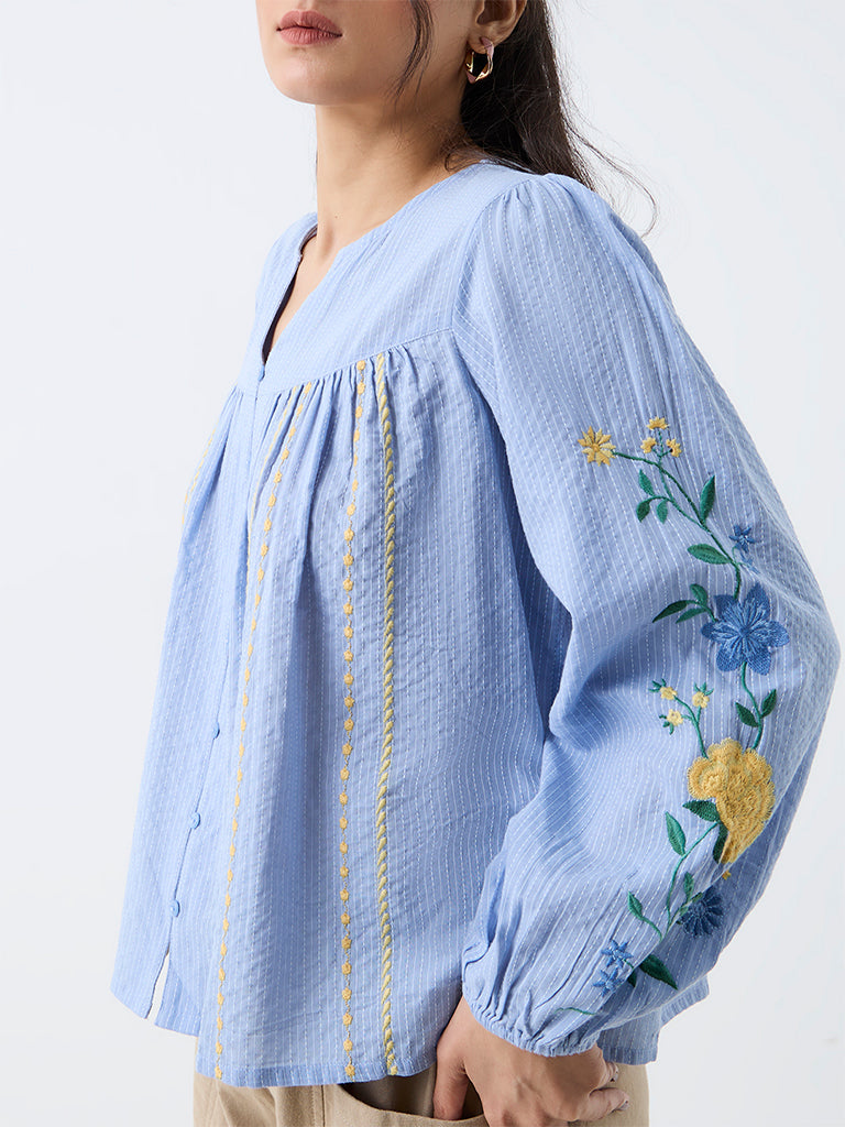 Bombay Paisley Light Blue Floral Embroidered Cotton Blouse