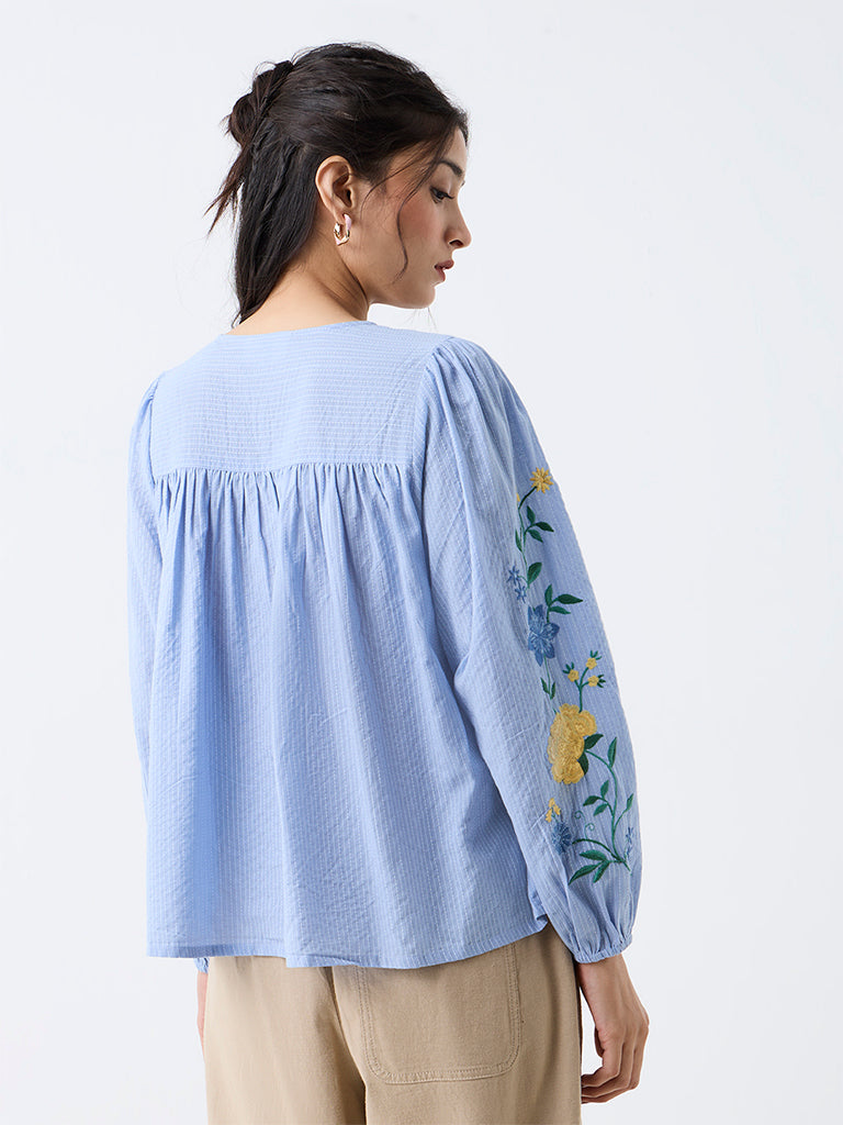 Bombay Paisley Light Blue Floral Embroidered Cotton Blouse