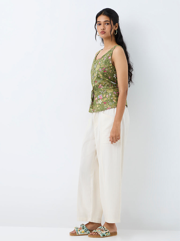 Bombay Paisley Green Floral Printed Tie-Up Cotton Top