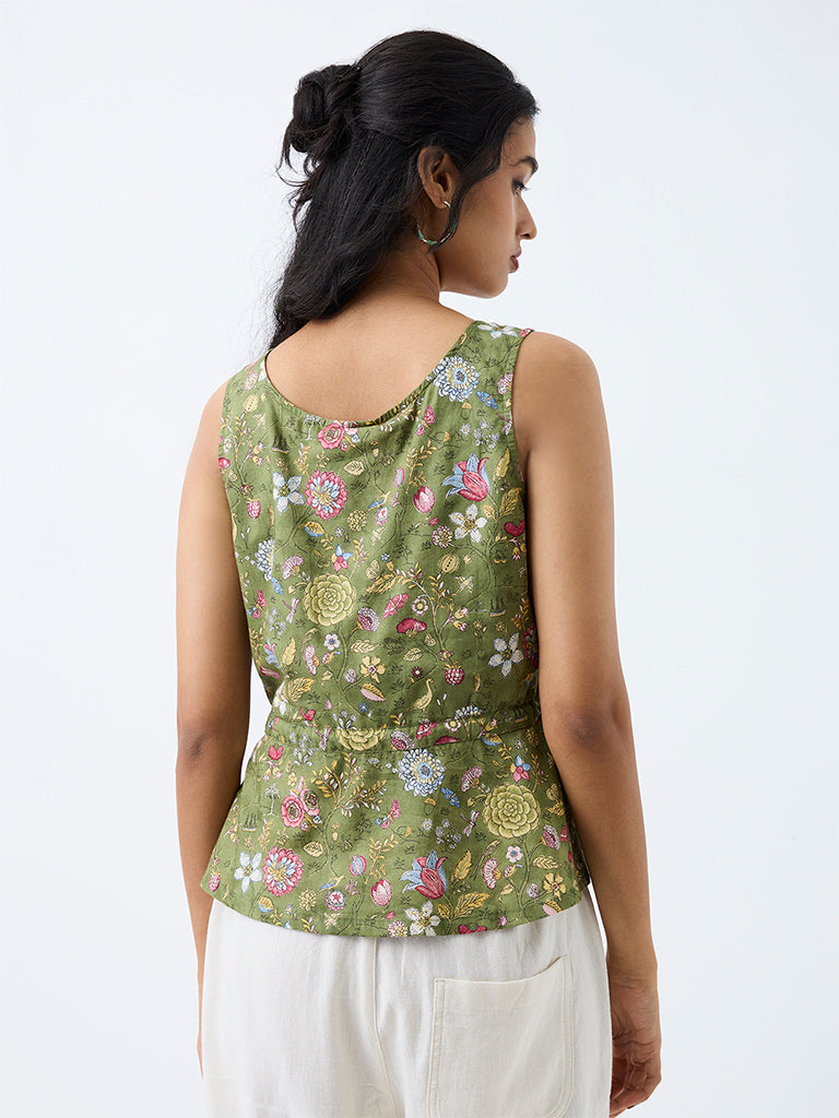 Bombay Paisley Green Floral Printed Tie-Up Cotton Top
