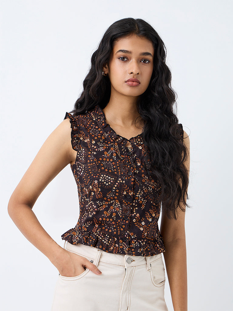 Bombay Paisley Dark Brown Floral Printed Cotton Top