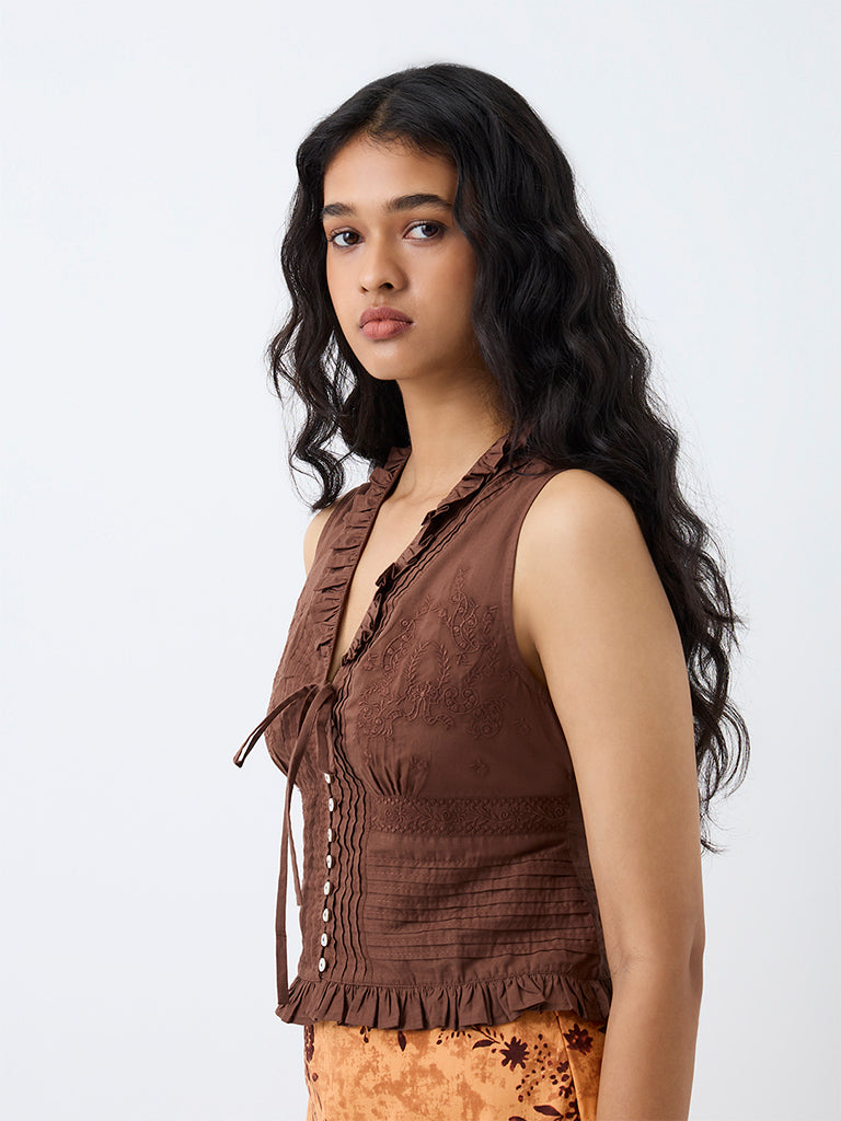 Bombay Paisley Brown Pintuck Detail Cotton Top