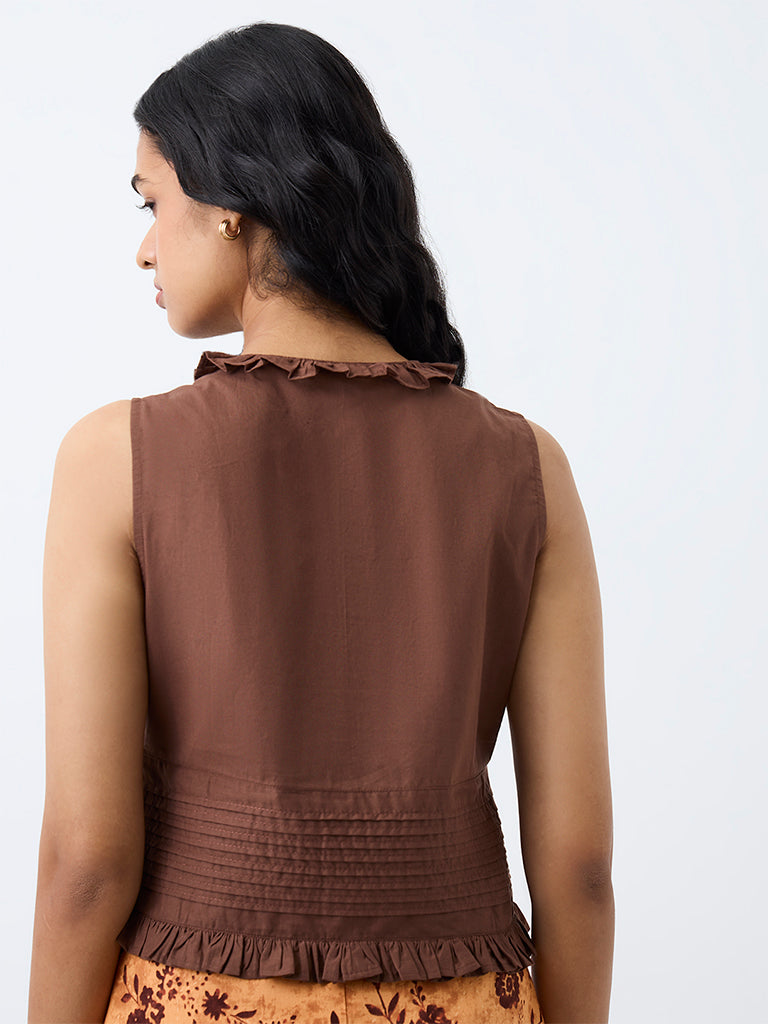 Bombay Paisley Brown Pintuck Detail Cotton Top
